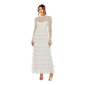 Mac Duggal Pearl White Layered Lace High Neck Tiered Dress Size 10
